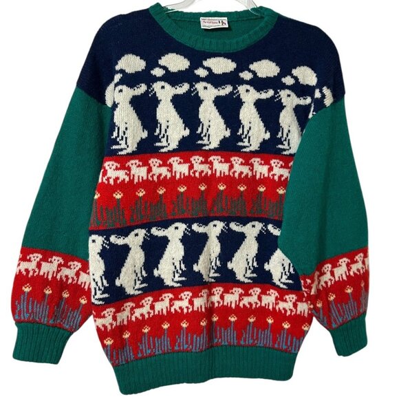 Vintage Irish Scene Hand Loomed 100% Pure Wool Sweater Rabbit &Sheep Size Medium - Picture 1 of 8